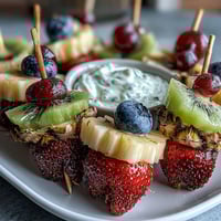 Vibrant bento box with colorful fruit skewers, creamy yogurt dip, and mini sandwiches for a fun kid's lunch.