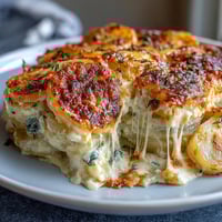 Creamy scalloped potatoes with Gruyere cheese baked until golden and bubbling with layers of tender potatoes and garlic cream sauce.
