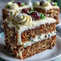 Festive Easter dessert table with carrot cake, pavlova, and lemon tart arranged on a white platter.