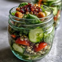 Fresh and colorful mason jar salads packed with greens, quinoa, and chickpeas for healthy meal prep.  