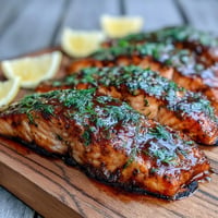 Succulent Cedar Plank Salmon with Maple Dijon Glaze, smoky and sweet.