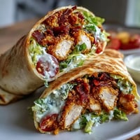 Golden crispy corn chicken Caesar wraps on a white plate, ready to eat.
