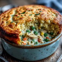 Golden cornbread topping crowns creamy chicken pot pie casserole ready for baking.